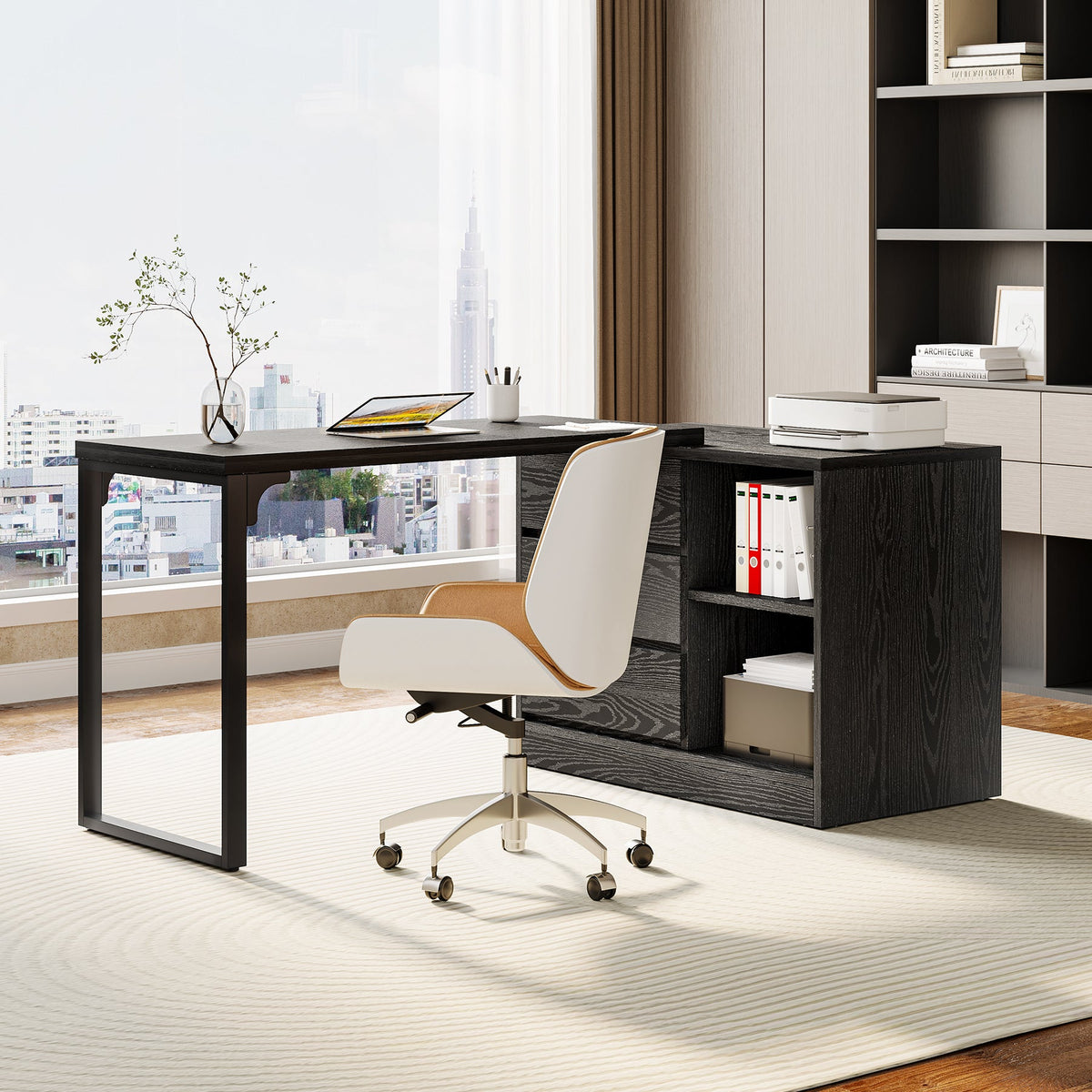 Tribesigns Bureau d'ordinateur, Bureau d'angle réversible avec armoire à tiroirs