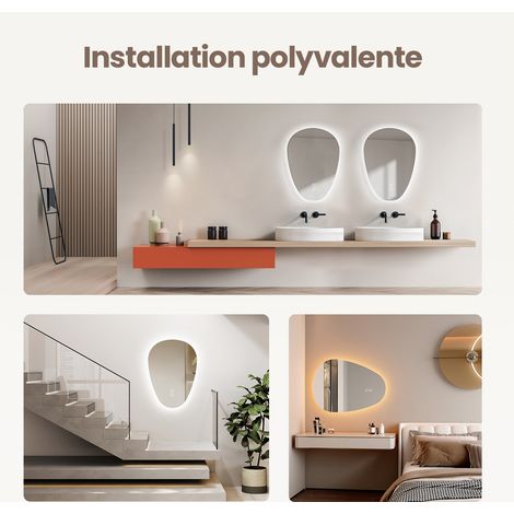 EMKE Miroir lumineux de salle de bain rétro-éclairage, miroir salle de bain asymétrique, anti-buée, interrupteur tactile, 3 couleurs de lumière dimmables, 80 x 60 cm — photo 4