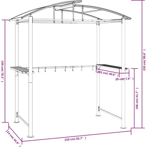 Vidaxl – Gazebo BBQ avec étagères latérales – Acier anthracite – Dimensions 210x114x230cm – Toit en polycarbonate pour ombre et ventilation