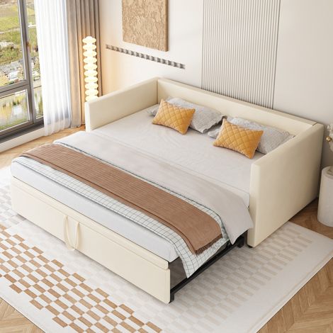 Tanant – Lit gigogne 90/180x200cm – Canapé-lit capitonné extensible – Velours beige – Structure durable – Pour petits espaces – Confort optimal — photo 1