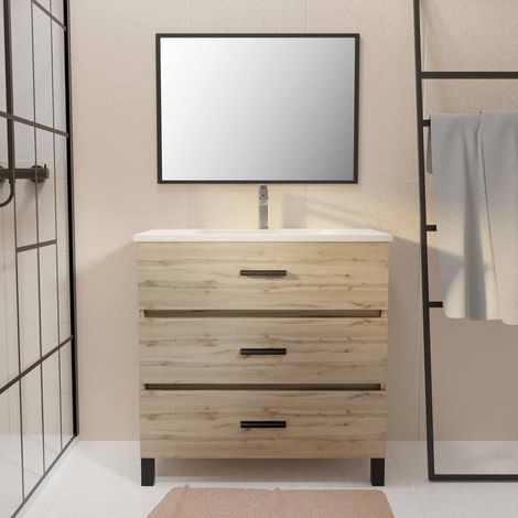 meuble de salle de bain 80 cm - chêne industriel - 3 tiroirs - vasque et miroir — photo 1