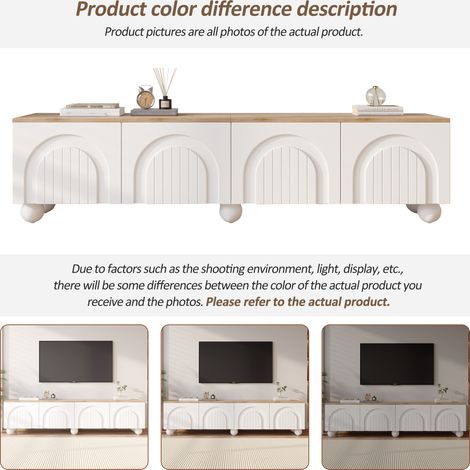 Meuble TV Blanc et bois 180x40x45 cm avec 4 portes cintrées,6 pieds en métal à boule,buffet bas et table TV Moderne — photo 3