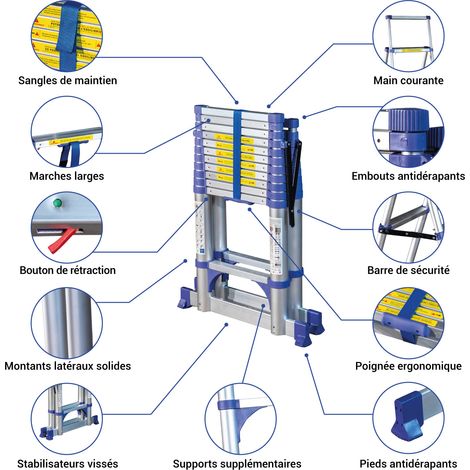 Escabeau 12 marches telescopique EXTENDACT12, Echelle telescopique 3.5m+3.2m, escabeau pliable, Stabilisateur, H max travail 5m, Garantie 5 ans — photo 4