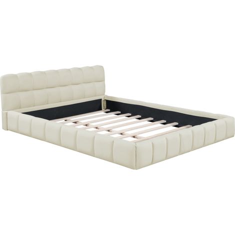Lit double 160x200 cm, avec tête de lit en forme de guimauve, sommier à lattes en bois, cadre en métal, lit capitonné en coton et lin - Beige — photo 3