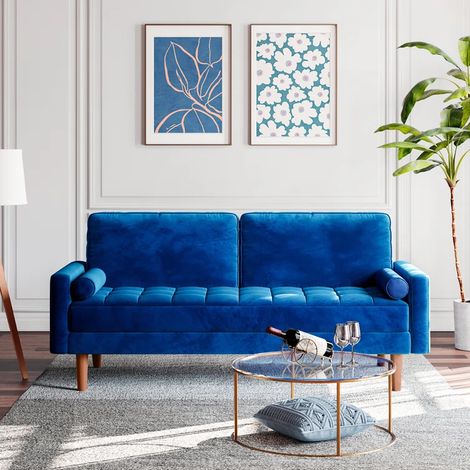 Keepbuying – Canapé droit 2 places en velours bleu – Accoudoirs roulés – Dimensions 148 x 78 x 85 cm – Confort moyen – Montage facile en 10 minutes — photo 2