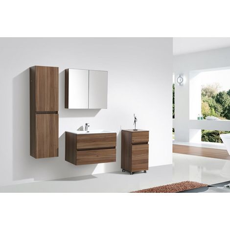 Stano. – Meuble salle de bain suspendu 80 cm – Vasque en marbre synthétique blanc – Noyer mélaminé – Tiroirs avec rails amortisseurs — photo 3