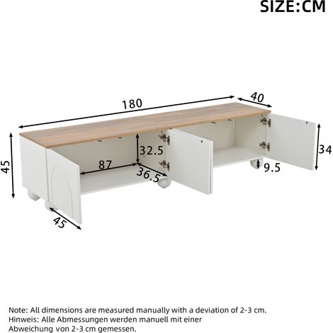 Meuble TV Blanc et bois 180x40x45 cm avec 4 portes cintrées,6 pieds en métal à boule,buffet bas et table TV Moderne — photo 5