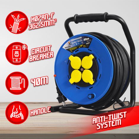 Enrouleur électrique 4 prises 40m H07RN-F 3G2.5mm² – Protection enfants IP44 – Disjoncteur thermique – Système anti-twist – I-Watts — photo 2