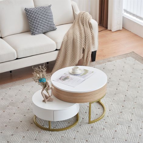 Fortuna Lai – Lot de 2 tables basses gigognes – Grande table avec plateau relevable – Petite table avec 2 tiroirs – MDF blanc – Design moderne — photo 2