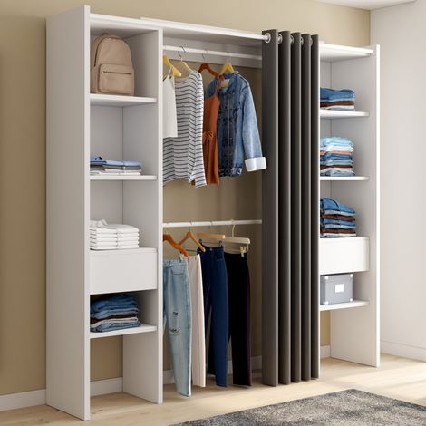 Idmarket – Dressing modulable extensible 120/180 cm – Largeur 50 cm – Hauteur 180 cm – 8 étagères réglables – Double penderie avec rideau gris — photo 2