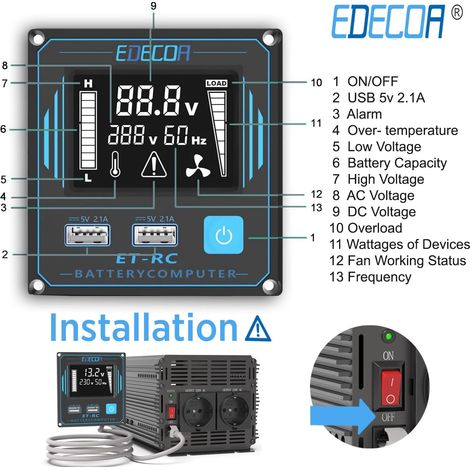 Edecoa – Convertisseur de tension 12V à 220V 3000W – Onde sinusoïdale modifiée – Télécommande et 2 ports USB – Compatible panneaux solaires — photo 4