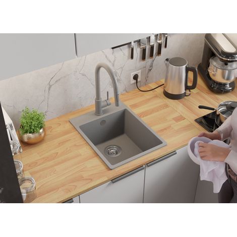 PRIMAGRAN Evier Cuisine en Granit 38x50cm, Lavabo 1 bac + Kit de Vidage, Évier à Encastrer au meuble 40cm - Riga, Gris — photo 3