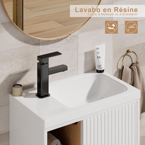 UEV – Meuble lave-mains mural 51 x 30,5 x 54 cm – Lavabo en résine anti-taches – Rangement caché et ouvert – Design moderne blanc — photo 4