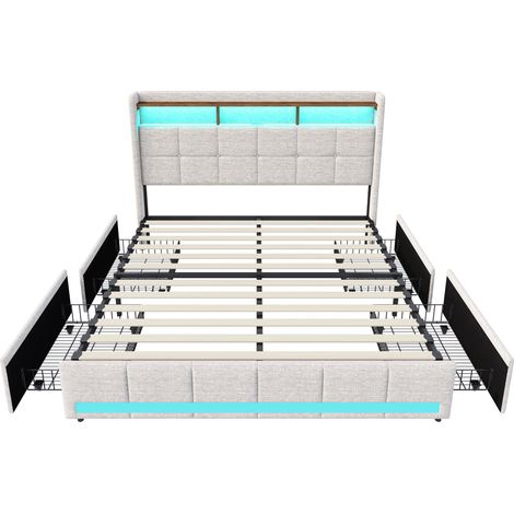 Lit 180x200 avec rangement - SUNFECILI - Capitonné - LED réglable - Tiroirs de rangement - Dossier souple,4 tiroirs de rangement,lin,Beige — photo 3