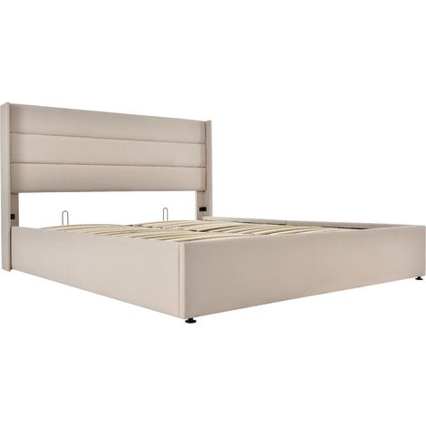 Lit coffre 160 x 200 cm,lit 160 x 200 avec sommier,lit double capitonné avec rangement,lit 2 personnes avec sommier à lattes en bois,lit double en lin beige — photo 3