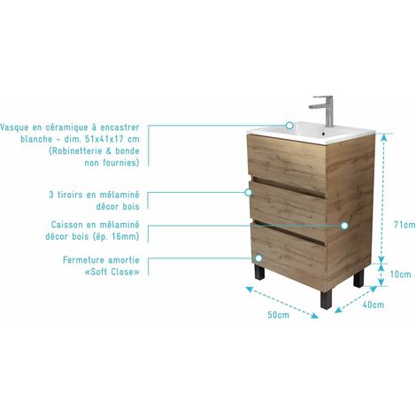 meuble de salle de bains 50 cm timber - décor chêne naturel 3 tiroirs avec vasque blanche — photo 4
