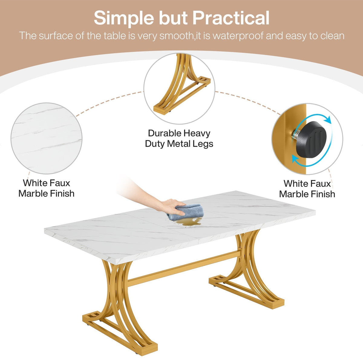 Tribesigns Table de salle à manger moderne de 160 cm avec plateau en marbre artificiel et pieds en métal