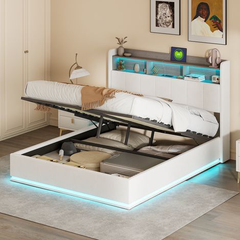 Lit coffre 140x190,lit 140x190 avec sommier, Velours blanc - USB intégré - LED - 3 compartiments de rangement — photo 1