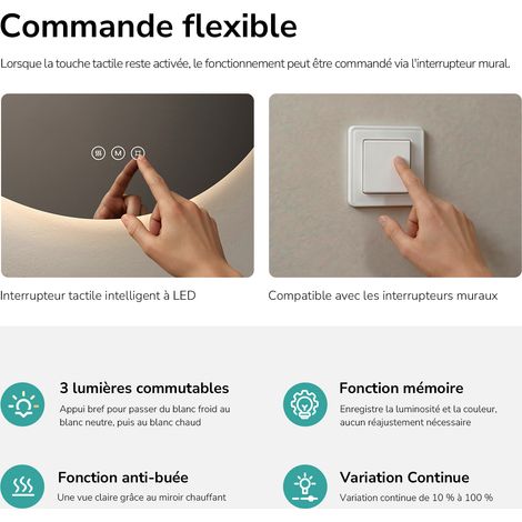EMKE Miroir lumineux salle de bain rond diamètre 50cm, Miroir LED rétro-éclairage avec Interrupteur Tactile, Anti-buée, Miroir avec éclairage Lumière Blanche Froide/Neutre/Chaude — photo 4