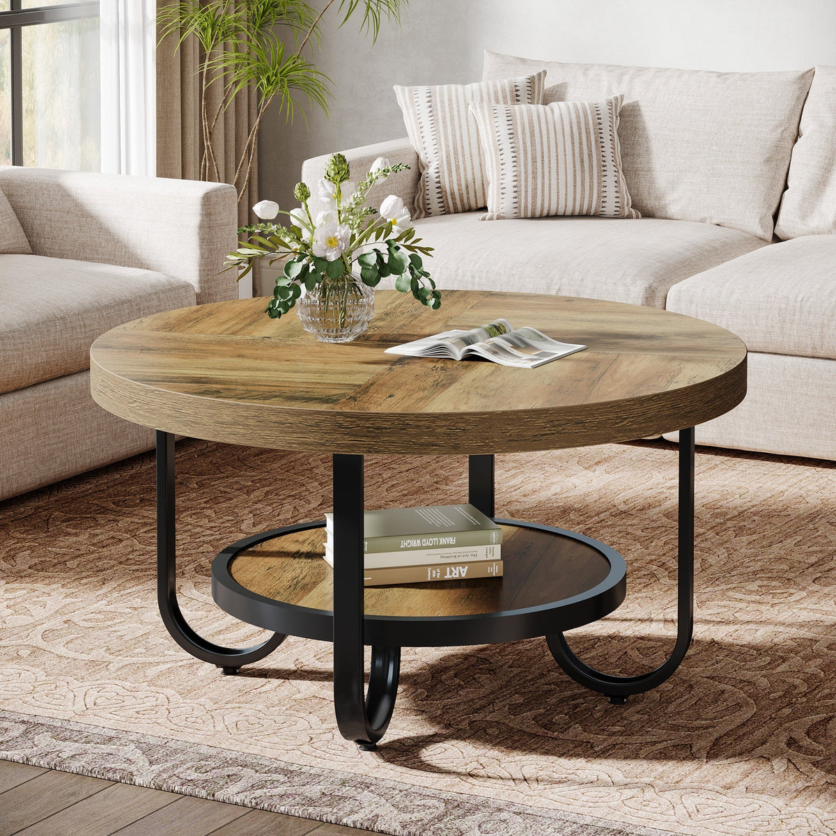 Table basse Tribesigns à deux niveaux, Table centrale de 79 cm avec étagère de rangement