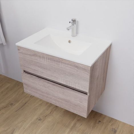 Meuble salle de bain suspendu 70 cm ROSALY- Bois- Plan vasque en Céramique — photo 3