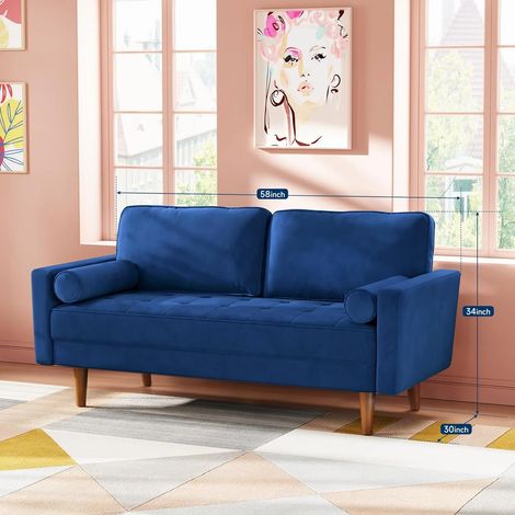 Keepbuying – Canapé droit 2 places en velours bleu – Accoudoirs roulés – Dimensions 148 x 78 x 85 cm – Confort moyen – Montage facile en 10 minutes — photo 3