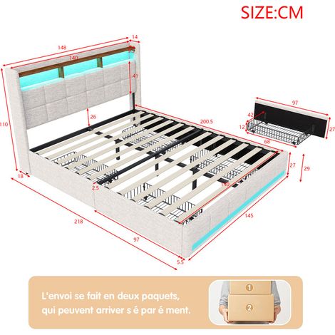 Lit 140 x 200 avec sommier,lit 2 personnes avec tiroirs et étagères de rangement ouvertes,lit double rembourré avec LED et USB,lit 140 x 200 avec sommier à lattes en bois, lin beige — photo 5