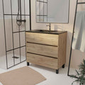 meuble de salle de bains 80 cm 3 tiroirs chêne naturel + vasque céramique noire - timber — photo 1