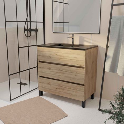 meuble de salle de bains 80 cm 3 tiroirs chêne naturel + vasque céramique noire - timber — photo 1