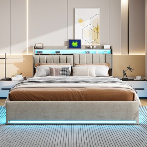 Sunfecili – Lit coffre 140x200 cm en velours gris – Tête de lit avec rangement – Bandes lumineuses LED – Capacité 300 kg – Montage en 45 min — photo 2