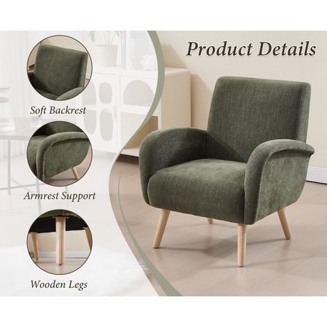 Wahson Fauteuil de salon en chenille vert – Dossier large et accoudoirs confortables – Coussin épais 16 cm – Pieds en bois robustes, Vert — photo 3