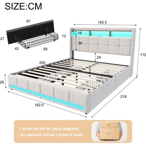 Lit 180x200 avec rangement - SUNFECILI - Capitonné - LED réglable - Tiroirs de rangement - Dossier souple,4 tiroirs de rangement,lin,Beige — photo 2