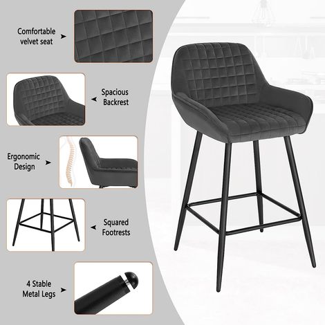 Woltu – Lot de 4 tabourets de bar – Hauteur d'assise 64 cm – Siège en velours gris foncé – Cadre en métal stable – Pour cuisine ou bar — photo 5