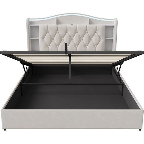 Lit Coffre 160x200 cm, Lit Double 160x200 cm en Velours, avec Sommier à Lattes, Tête de Lit LED Lumineuse, Rangement Ouvert, Ports USB et Type-C - Beige — photo 5