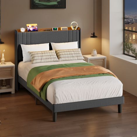 Lit Simple Capitonné 120 x 200 cm avec Prise et Tête de Lit LED Réglable Rangement Bealife Sommier à Lattes Tissu en Lin Lit Enfant Adolescent Gris Foncé — photo 2