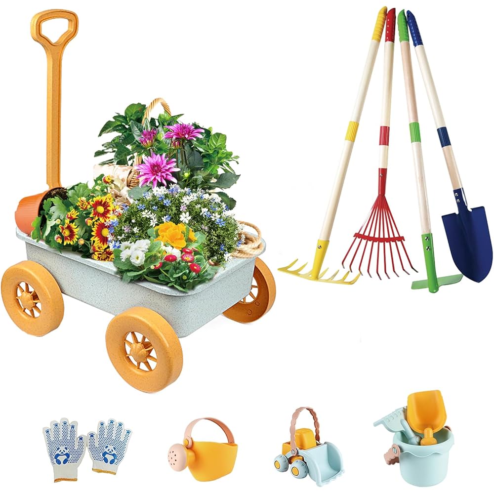 2026 Mostop Kit d'outils de jardinage pour enfants - Jouet avec brouette, pelle en métal, râteau, râteau, chariot de jardin e
