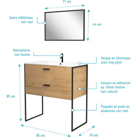 Aurlane – Ensemble meuble de salle de bain 90x45cm – Caisson MDF chêne naturel – Vasque céramique blanche avec trop plein – Miroir cadre noir mat — photo 3