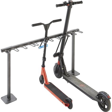 Mottez – Support range 9 trottinettes au sol – Charge maximale 100kg – Peinture antirouille – Dimensions 119x20x59cm – Emplacements pour antivols