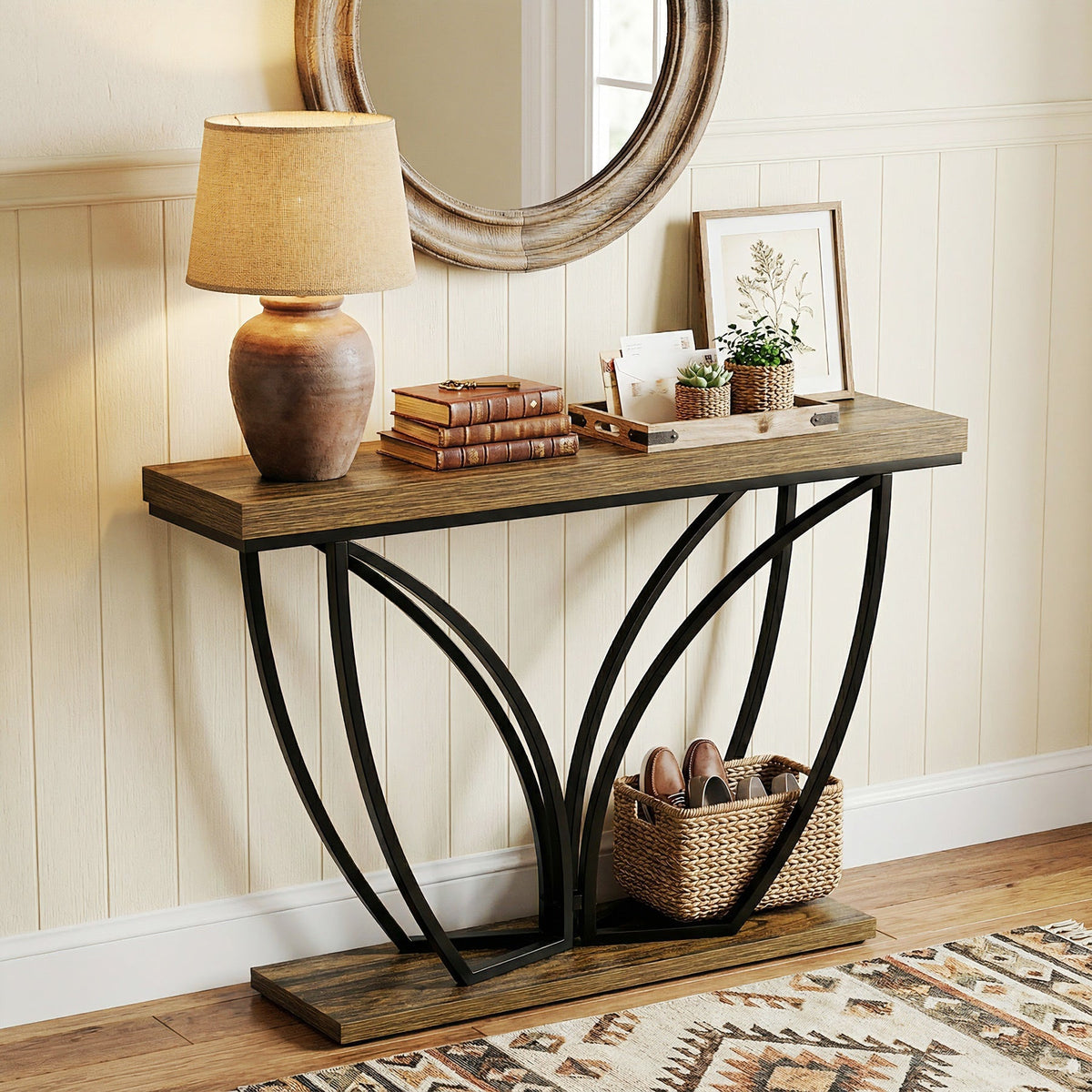 Tribesigns Console industrielle étroite de 105 cm, Couleur marron rustique