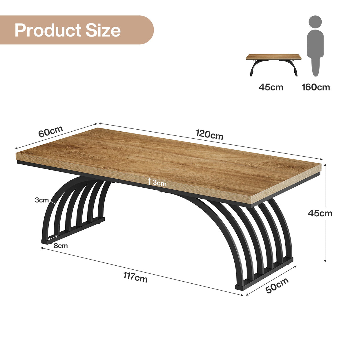 Tribesigns Table basse 120 cm, Table basse industrielle avec pieds en métal Table d'appoint moderne en bois