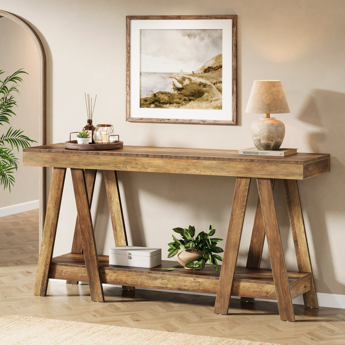Tribesigns Console de 180 cm de long de style campagnard, Table d'entrée étroite à 2 niveaux