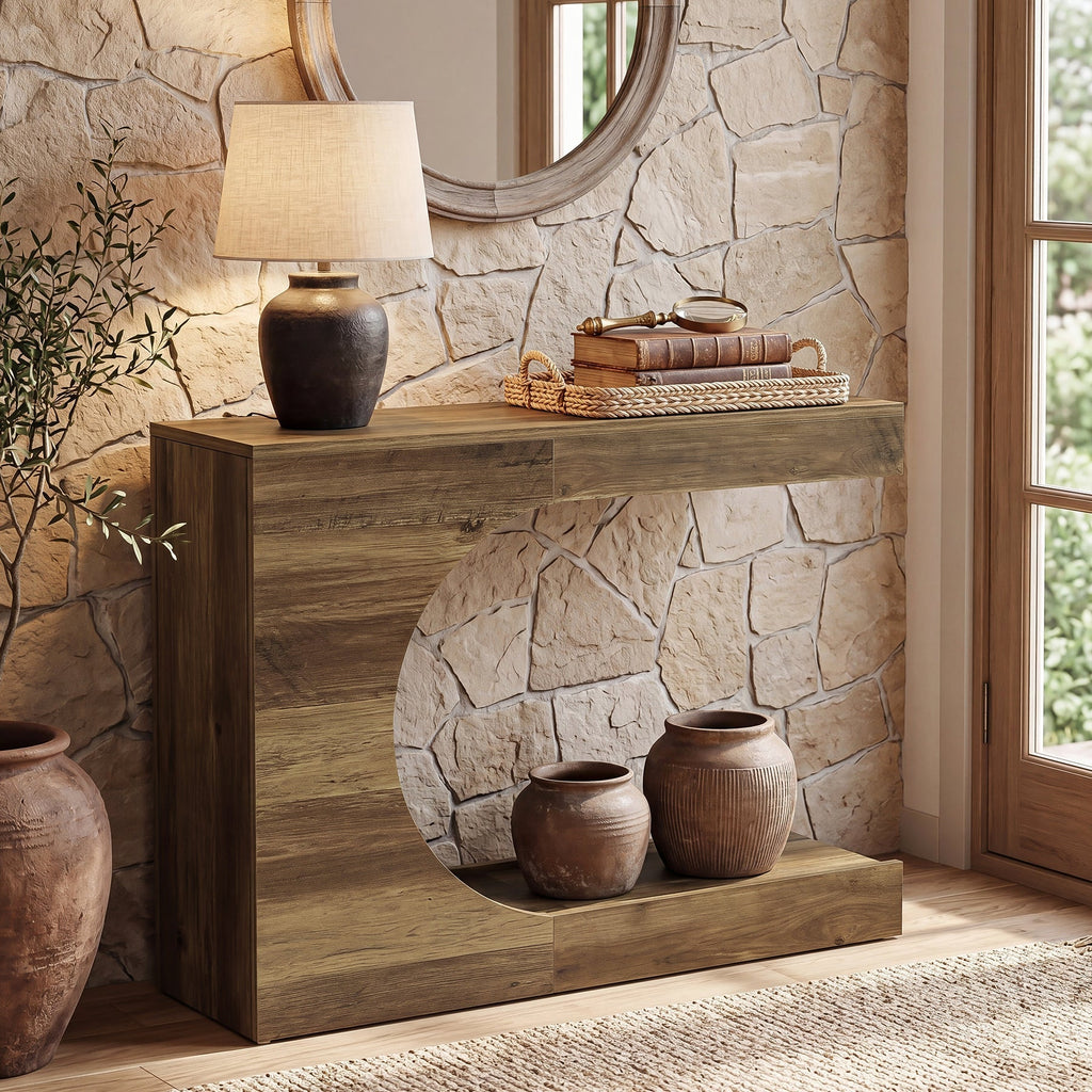 Tribesigns Console 100 cm, Table d'entrée en forme de C avec 2 étagères, style campagne moderne