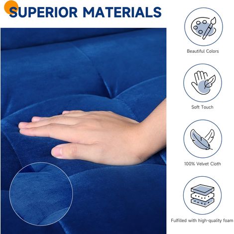 Keepbuying – Canapé droit 2 places en velours bleu – Accoudoirs roulés – Dimensions 148 x 78 x 85 cm – Confort moyen – Montage facile en 10 minutes — photo 6