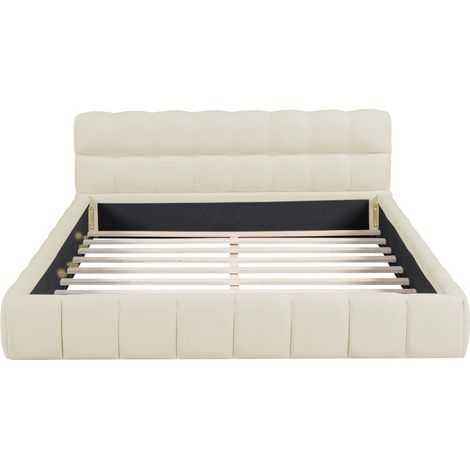 Lit double 160x200 cm, avec tête de lit en forme de guimauve, sommier à lattes en bois, cadre en métal, lit capitonné en coton et lin - Beige — photo 4