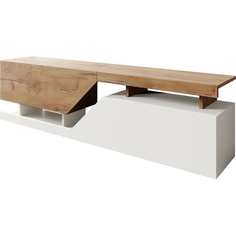 Mobilier1 – Meuble TV blanc et chêne wotan 160x47x35cm – 2 portes – Panneau stratifié 16mm – Système 'Push to Open' pour accès facile — photo 4