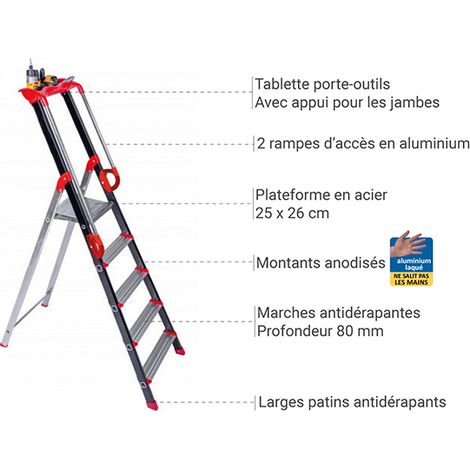 Centaure – Escabeau aluminium 5 marches serties – Hauteur de travail 2,99m – Pour usage professionnel – Garantie 5 ans – 239205 — photo 4