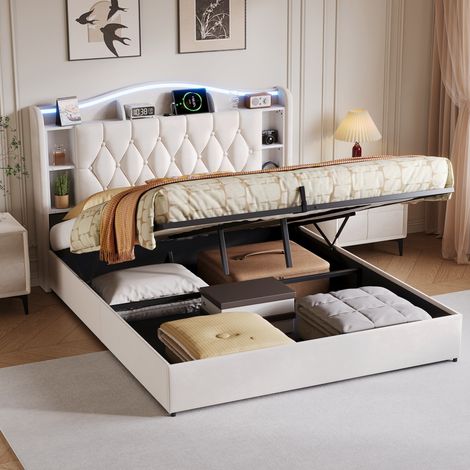 Lit Coffre 160x200 cm, Lit Double 160x200 cm en Velours, avec Sommier à Lattes, Tête de Lit LED Lumineuse, Rangement Ouvert, Ports USB et Type-C - Beige — photo 3