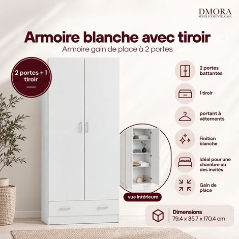 Dmora – Armoire 2 portes blanche 79,4x35,7x170,4 cm – Penderie avec 3 étagères – Design moderne pour chambre à coucher — photo 5