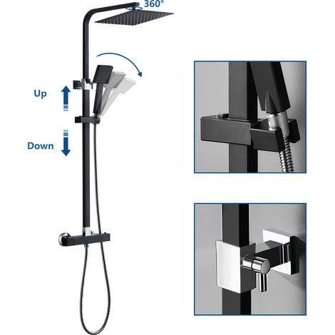 Auralum Élégant Colonne de Douche Thermostatique Noir Ensemble de Douche en Pluie Set de Douche pour Salle de Bain Colonne de Douche  Thermostat  avec Mitigeur Réglable en Hauteur — photo 6
