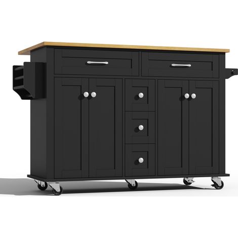 Eifson – Desserte de cuisine avec plan de travail rabattable – 5 tiroirs et placard – Roulettes silencieuses – Dimensions 140x65x89 cm – Noir